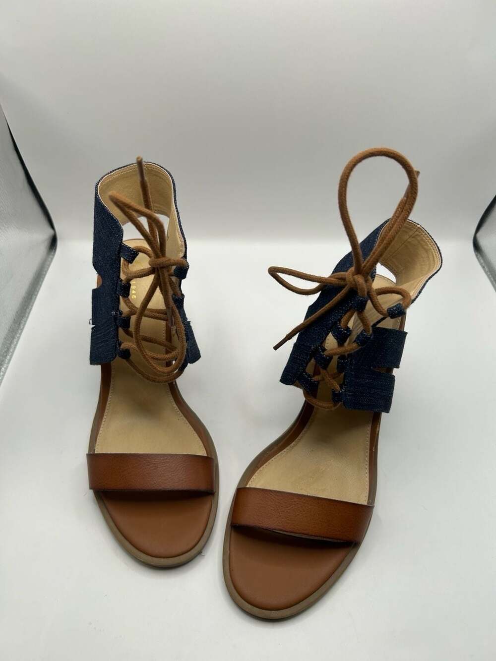 Denim and Faux Leather Lace-Up Block Heel Sandals Size 10M